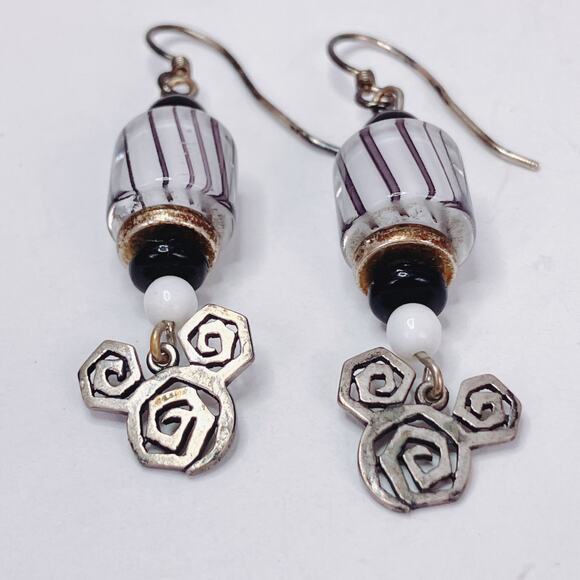 Sterling Silver Modernist Drop Earrings with Striped Black and White Glass Beads - Picture 11 of 11